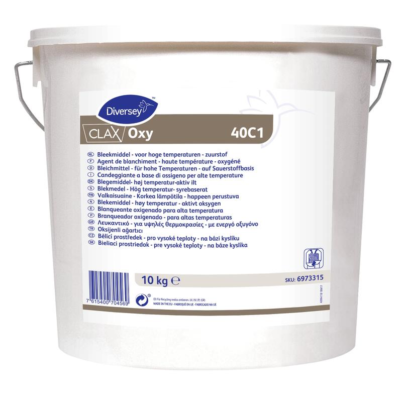 Ένας λευκός κουβάς 10 κιλών Diversey Deutschland GmbH & Co. OHG Clax Oxy 40C1 λευκαντικό οξυγόνου, με πολυγλωσσικές πληροφορίες προϊόντος, μεταλλική λαβή και γραμμωτό κώδικα· ιδανικό για εμπορικά πλυντήρια και λεύκανση οξυγόνου σε χαμηλές θερμοκρασίες.