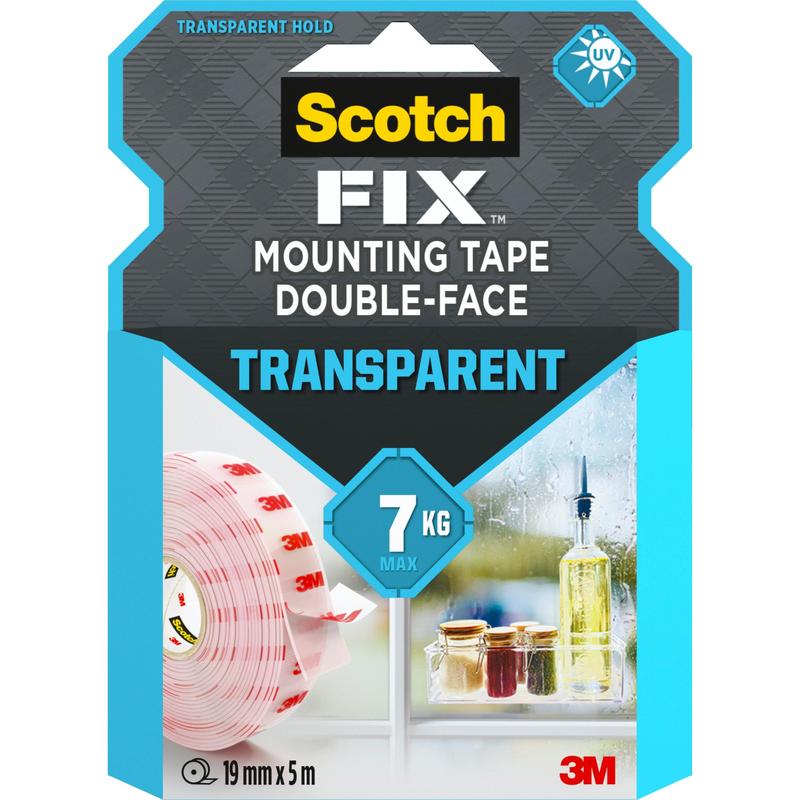 Η διάφανη διπλής όψης ταινία Scotch-FIX™ 4910C της 3M Deutschland GmbH, 19 mm x 5 m, αντέχει έως και 7 κιλά. Η συσκευασία δείχνει ένα ρολό ταινίας και ποτήρια σε ένα περβάζι παραθύρου.
