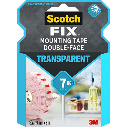Η διάφανη διπλής όψης ταινία Scotch-FIX™ 4910C της 3M Deutschland GmbH, 19 mm x 5 m, αντέχει έως και 7 κιλά. Η συσκευασία δείχνει ένα ρολό ταινίας και ποτήρια σε ένα περβάζι παραθύρου.