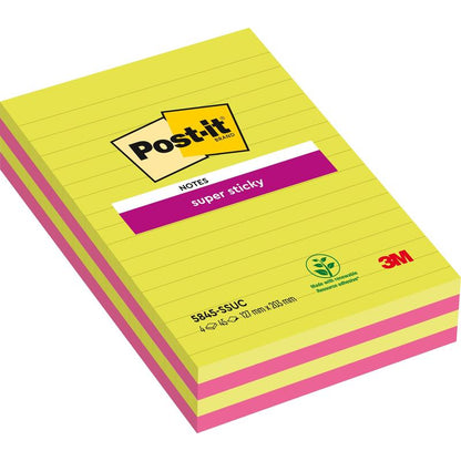 Μια συσκευασία από την 3M Deutschland GmbH Post-it® Super Sticky Notes σε μεγάλο μέγεθος, γραμμωτά, 127 x 203 mm, διάφορα χρώματα, 45 φύλλα ανά μπλοκ, 4 μπλοκ ανά συσκευασία. Κατασκευασμένο από 100% PEFC-πιστοποιημένο χαρτί.