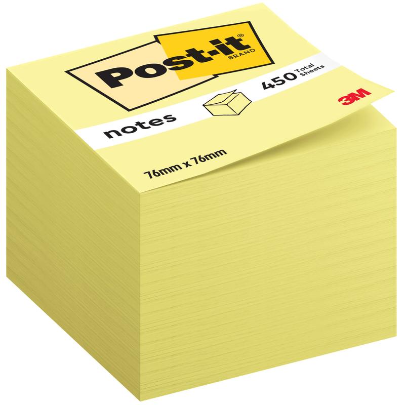 Ένας σωρός κίτρινων κύβων Post-it® Notes, 76 x 76 mm, 450 φύλλα ανά μπλοκ, με το λογότυπο της 3M κάτω δεξιά στην ετικέτα. Περιέχει ένα μπλοκ ανά συσκευασία και αποτελείται από χαρτί πιστοποιημένο κατά 100% από PEFC.