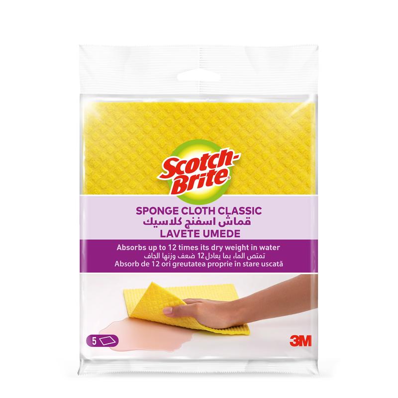 Απεικονίζεται μια συσκευασία Scotch-Brite® πανί σφουγγάρι, χρωματικά ταξινομημένα (3 + 1/συσκευασία) της 3M Deutschland GmbH. Φαίνονται πολύχρωμα πανιά σφουγγαριού και η συσκευασία με την ένδειξη υψηλής απορροφητικότητας. Στο κάτω δεξί μέρος φαίνεται το λογότυπο 3M.