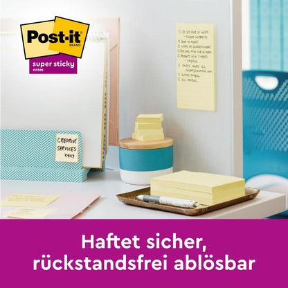 Ένας χώρος εργασίας με Post-it® Super Sticky 100% Ανακυκλωμένα Σημειώματα (76x76 mm, 70 φύλλα, 100% PEFC) από την 3M Deutschland GmbH σε έναν τοίχο και ένα δίσκο. Μία σημείωση είναι τοποθετημένη κάθετα. Κείμενο: "Κολλάει με ασφάλεια, αφαιρείται χωρίς υπολείμματα."