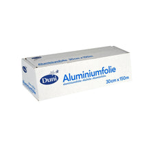 Ein rechteckiger silberner Aluminiumfolie Abrollkarton der Duni GmbH, blau beschriftet mit "Aluminiumfolie", 30 cm x 150 m, ideal für hitzebeständige Lebensmittelverpackung.