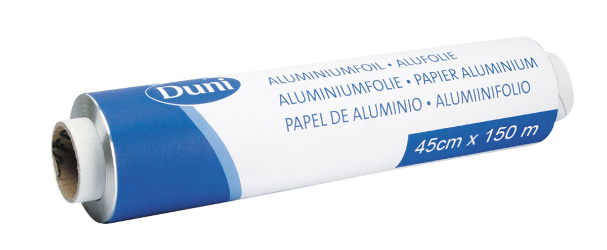 Die Aluminiumfolie, Nachfüllrolle Silber ALU von Duni GmbH kommt in blauer und weißer Verpackung, ist mehrsprachig beschriftet und misst 45 cm x 150 m - perfekt für jede Küche.