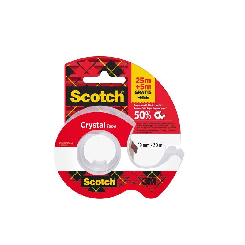 Ένας ρόλος ταινίας Scotch® Crystal (19mm x 25m) συν 5m ΔΩΡΕΑΝ σε έναν χειροκίνητο αποσπαστήρα, από την 3M Deutschland GmbH, σε έναν διανομέα με κλασική κόκκινη-κίτρινη συσκευασία.