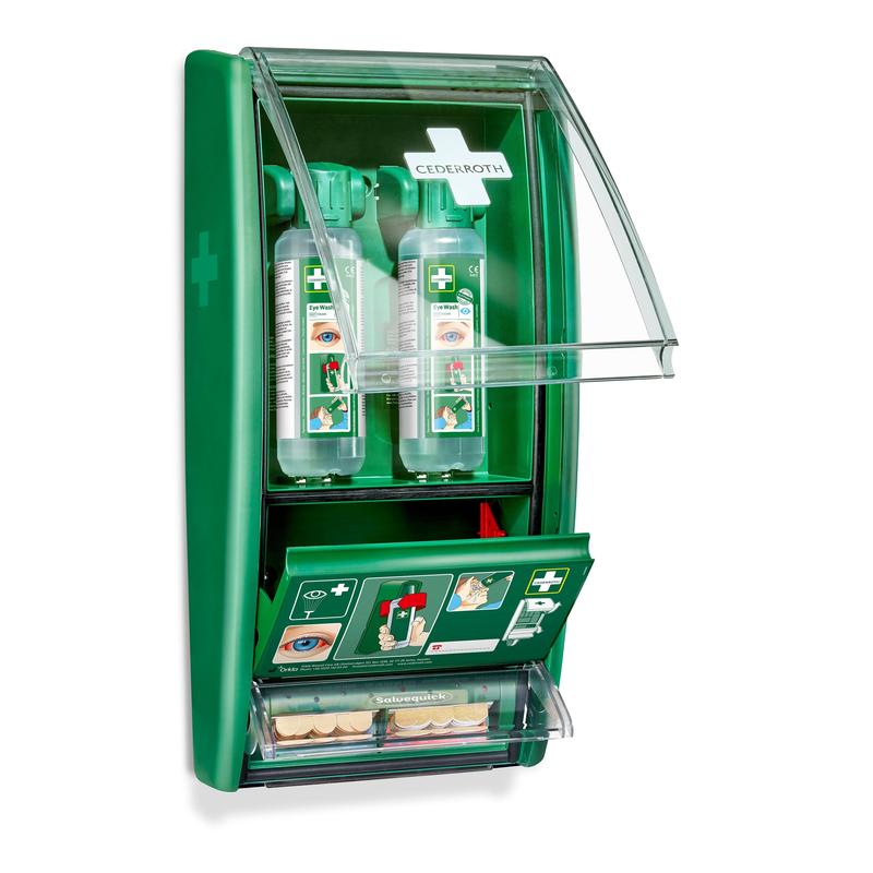 Ο σταθμός πλύσης ματιών Cederroth της Orkla Wound Care AB περιέχει 2 x 500 ml φιάλες πλύσης ματιών και έναν διανομέα επιδέσμων Salvequick, που προστατεύονται όλα από διαφανή καλύμματα - ιδανικά για καταστάσεις έκτακτης ανάγκης πλύσης ματιών.