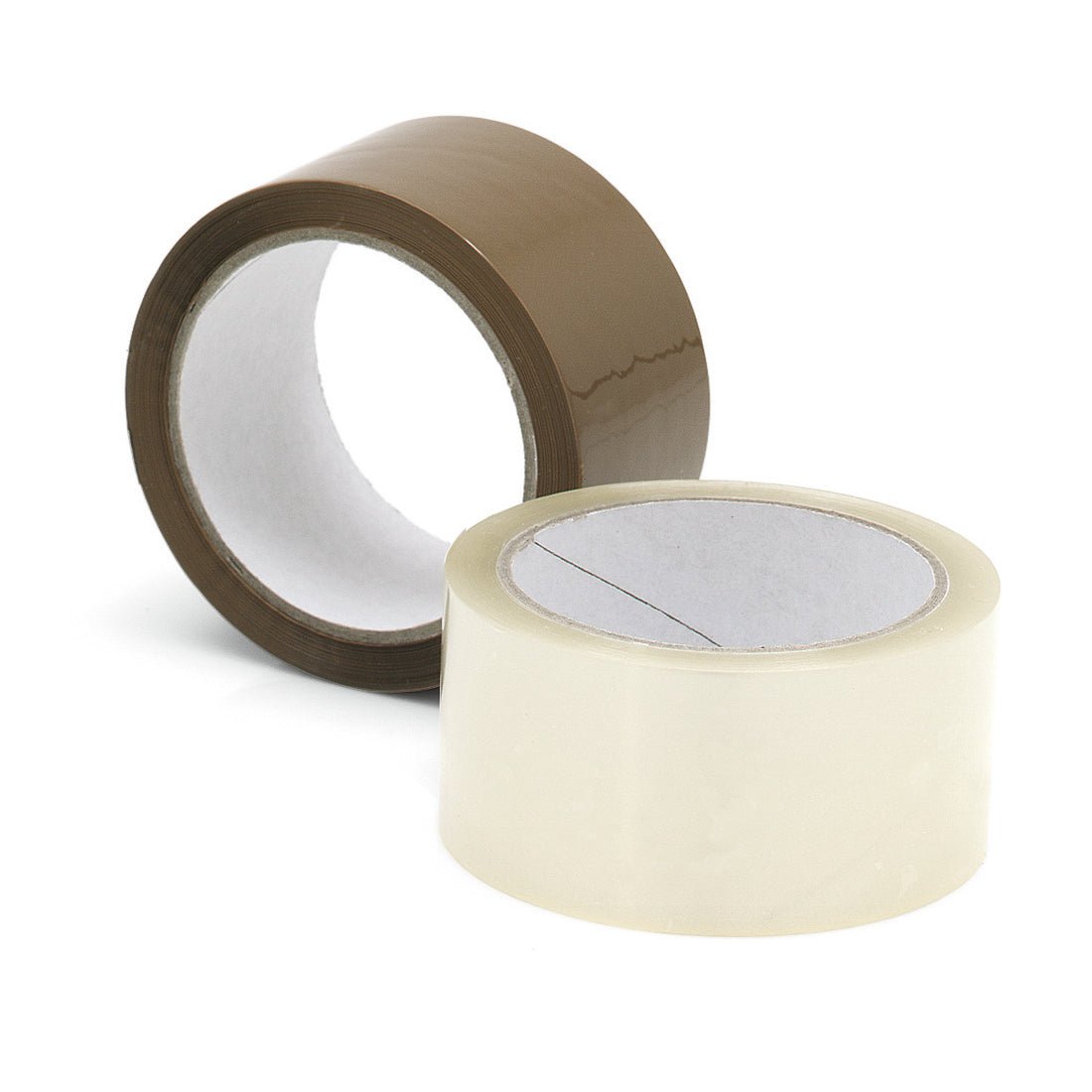 Δύο ρολά Nölle Profi Brush Packband από την Nölle Profi Brush Bürsten- & Pinseltechnik e.K. - ένα καφέ και ένα διαφανές - απεικονίζονται σε λευκό φόντο, το καθένα μερικώς ξετυλιγμένο, για να δείξει την κολλητική πλευρά για εύκολη συσκευασία.