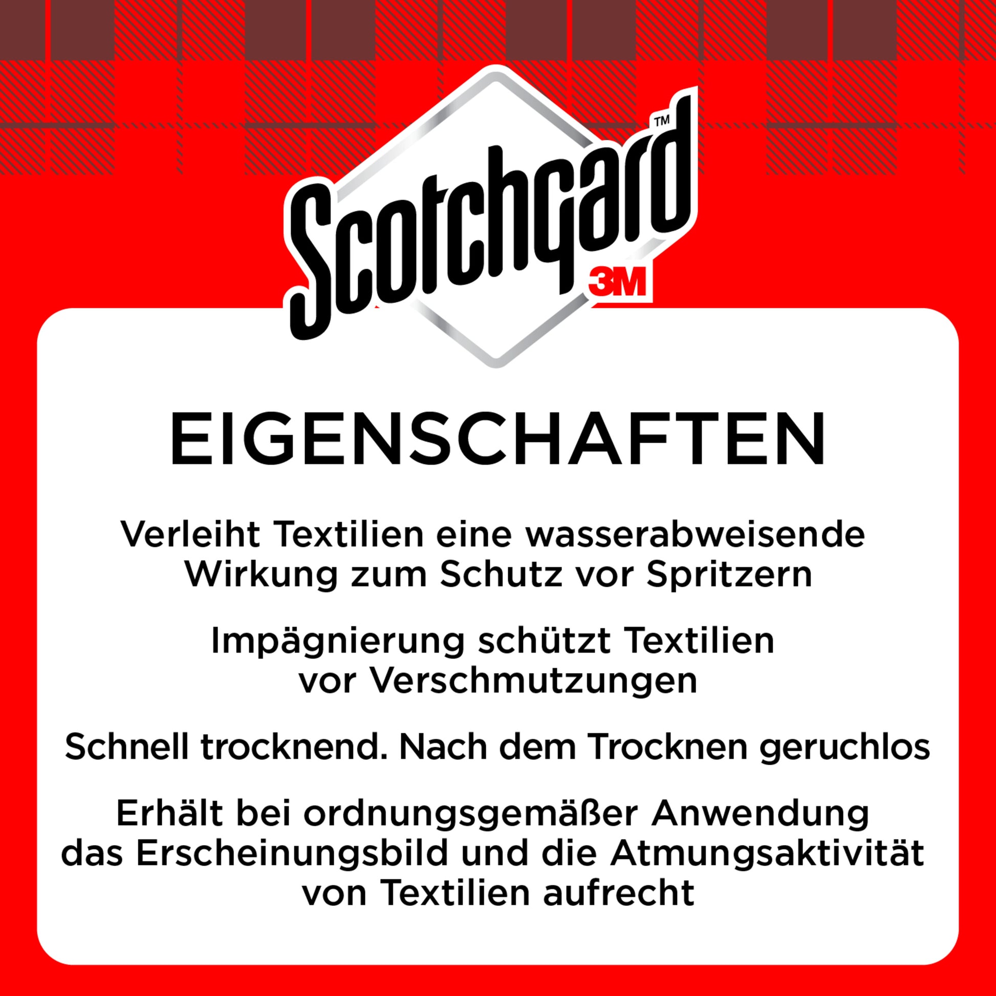 Scotchgard™ Textilien-Imprägnierspray von 3M Deutschland GmbH, 400 ml: Deutsches Produktetikett mit Abschnitt "Eigenschaften", listet wasserabweisende Wirkung, Schutz vor Verschmutzungen, schnelles Trocknen und Atmungsaktivität.