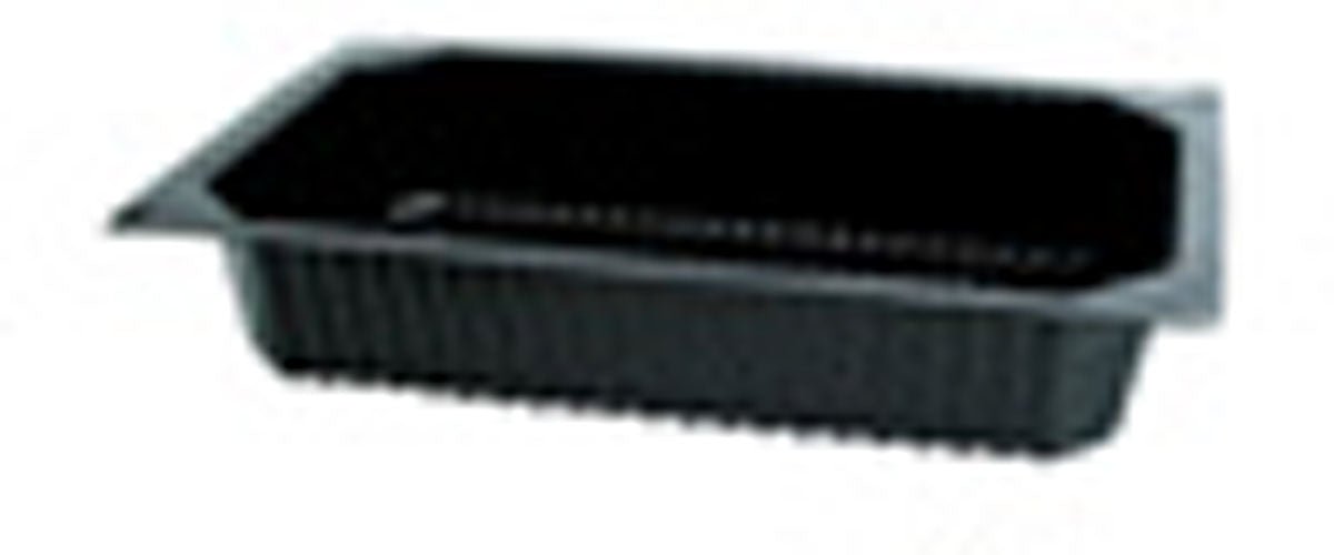 Η Duni GmbH PP Schale 1/4 GN Schwarz είναι ένας μαύρος δίσκος φαγητού με ραβδωτές πλευρές και επίπεδο χείλος, τέλειος για παρουσίαση μπουφέ στη γαστρονομία, απεικονισμένος σε λευκό φόντο.