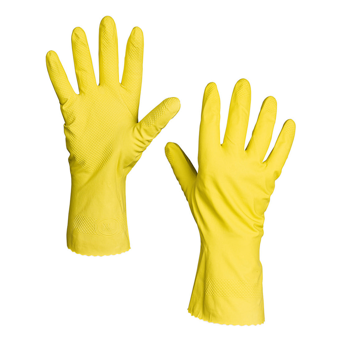 Ein Paar gelber Nölle Profi Brush Latex-Handschuh Haushalt-Handschuh von Nölle Profi Brush Bürsten- & Pinseltechnik e.K., mit strukturierter Handfläche und verlängerten Stulpen - perfekt für die täglichen Reinigungsaufgaben.