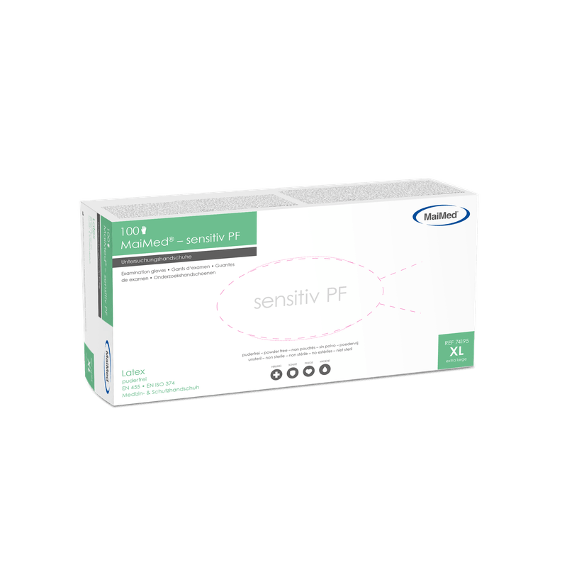 Εξεταστικά γάντια από λάτεξ ευαίσθητα MaiMed, μη αποστειρωμένα, χωρίς πούδρα, 100 τεμάχια/κιβώτιο