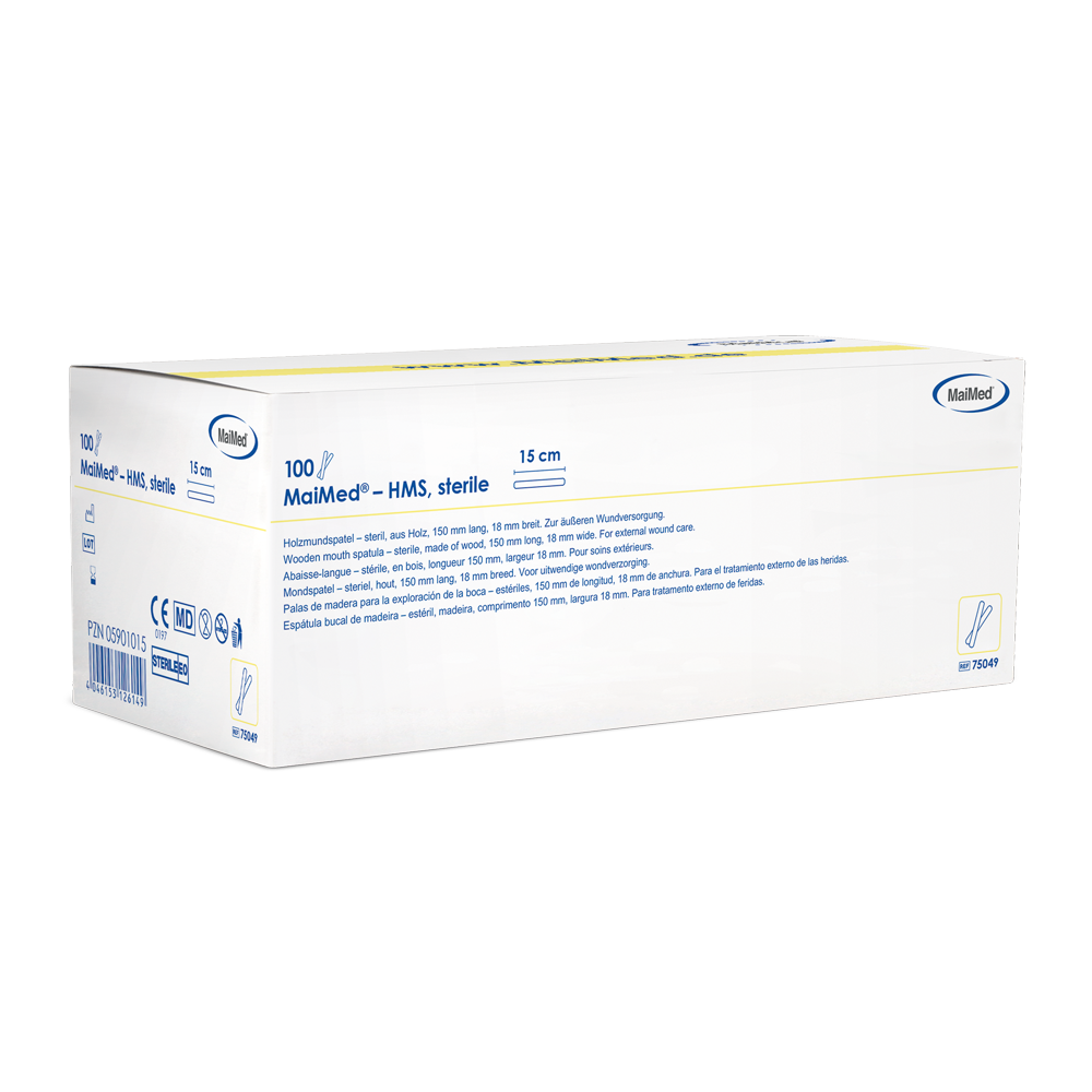 MaiMed - αποστειρωμένο ξύλινο στοματικό πιεστήριο HMS, μήκους 15cm, 100x1 τεμ. αποστειρωμένη συσκευασία | Κουτί (100 τεμάχια)