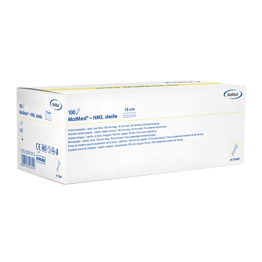 MaiMed - αποστειρωμένο ξύλινο στοματικό πιεστήριο HMS, μήκους 15cm, 100x1 τεμ. αποστειρωμένη συσκευασία | Κουτί (100 τεμάχια)