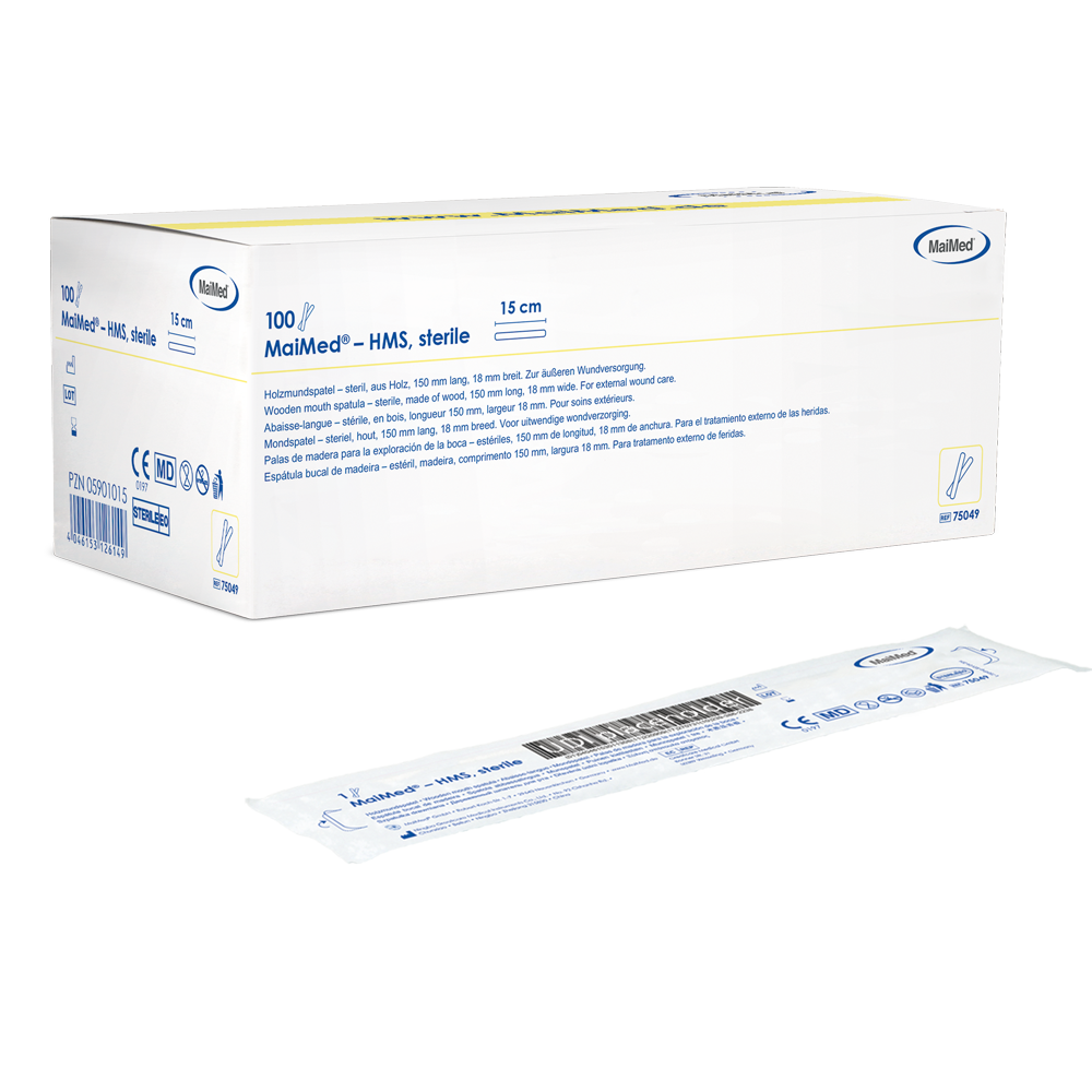 MaiMed - αποστειρωμένο ξύλινο στοματικό πιεστήριο HMS, μήκους 15cm, 100x1 τεμ. αποστειρωμένη συσκευασία | Κουτί (100 τεμάχια)