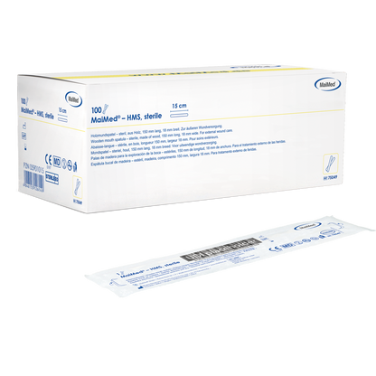 MaiMed - αποστειρωμένο ξύλινο στοματικό πιεστήριο HMS, μήκους 15cm, 100x1 τεμ. αποστειρωμένη συσκευασία | Κουτί (100 τεμάχια)