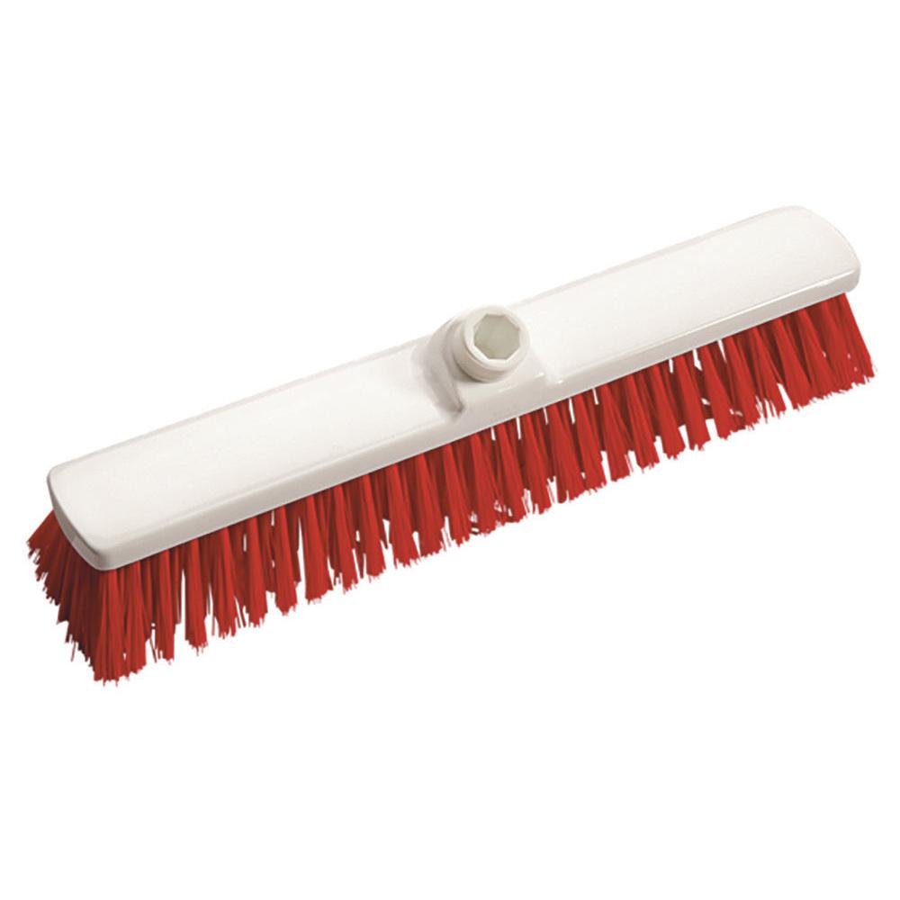 Η σκούπα αυλής Diversey Deutschland 400x60x50 mm διαθέτει πυκνές, μεσαίες σκληρές κόκκινες τρίχες και μια κεντρική οπή για τη στερέωση του κονταριού - ιδανική για καθαρισμό εξωτερικών χώρων.