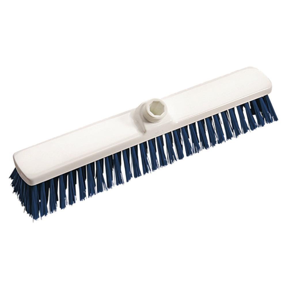 Η σκούπα αυλής 400x60x50 mm, μεσαίας σκληρότητας από την Diversey Deutschland GmbH & Co. OHG διαθέτει ένα λευκό ορθογώνιο κεφάλι με μπλε μεσαίες σκληρές τρίχες και μια κεντρική οπή λαβής, ιδανική για καθαρισμό σε εξωτερικούς χώρους, απεικονίζεται σε ένα απλό λευκό φόντο.