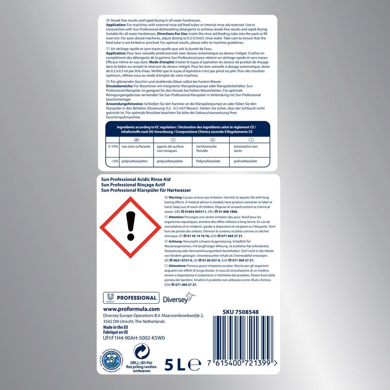 Εικόνα μιας ετικέτας SUN Professional Klarspüler für Hartwasser με οδηγίες χρήσης σε πολλές γλώσσες. Σχεδιασμένο για επαγγελματικά πλυντήρια πιάτων, αποτρέπει τις εναποθέσεις αλάτων. Η ετικέτα περιέχει σύμβολα ασφαλείας, προειδοποίηση επικίνδυνων ουσιών, λεπτομέρειες προϊόντος και στοιχεία επικοινωνίας της μάρκας Diversey Deutschland GmbH & Co. OHG.