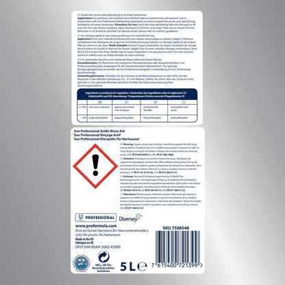 Εικόνα μιας ετικέτας SUN Professional Klarspüler für Hartwasser με οδηγίες χρήσης σε πολλές γλώσσες. Σχεδιασμένο για επαγγελματικά πλυντήρια πιάτων, αποτρέπει τις εναποθέσεις αλάτων. Η ετικέτα περιέχει σύμβολα ασφαλείας, προειδοποίηση επικίνδυνων ουσιών, λεπτομέρειες προϊόντος και στοιχεία επικοινωνίας της μάρκας Diversey Deutschland GmbH & Co. OHG.