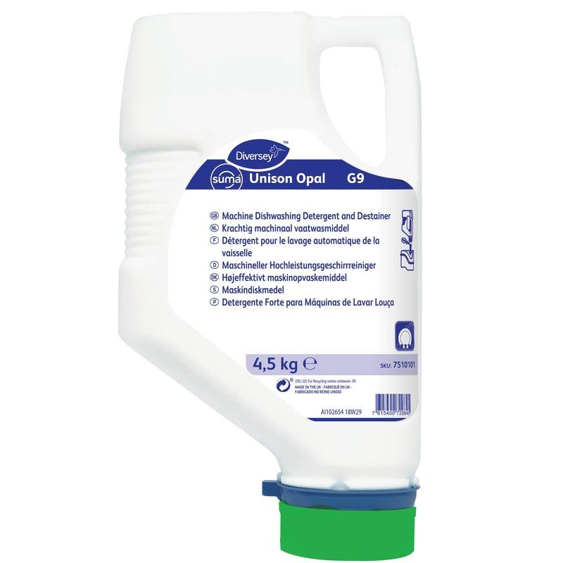 Μια κασέτα 4500 g Suma Unison Opal G9 από την Diversey Deutschland GmbH & Co. OHG, ασφαλής για αλουμίνιο, μη διαβρωτικό καθαριστικό πιάτων, ιδανικό για ασφαλές πλύσιμο πιάτων χωρίς διάβρωση - κατάλληλο για διάφορες μηχανές και επιφάνειες.