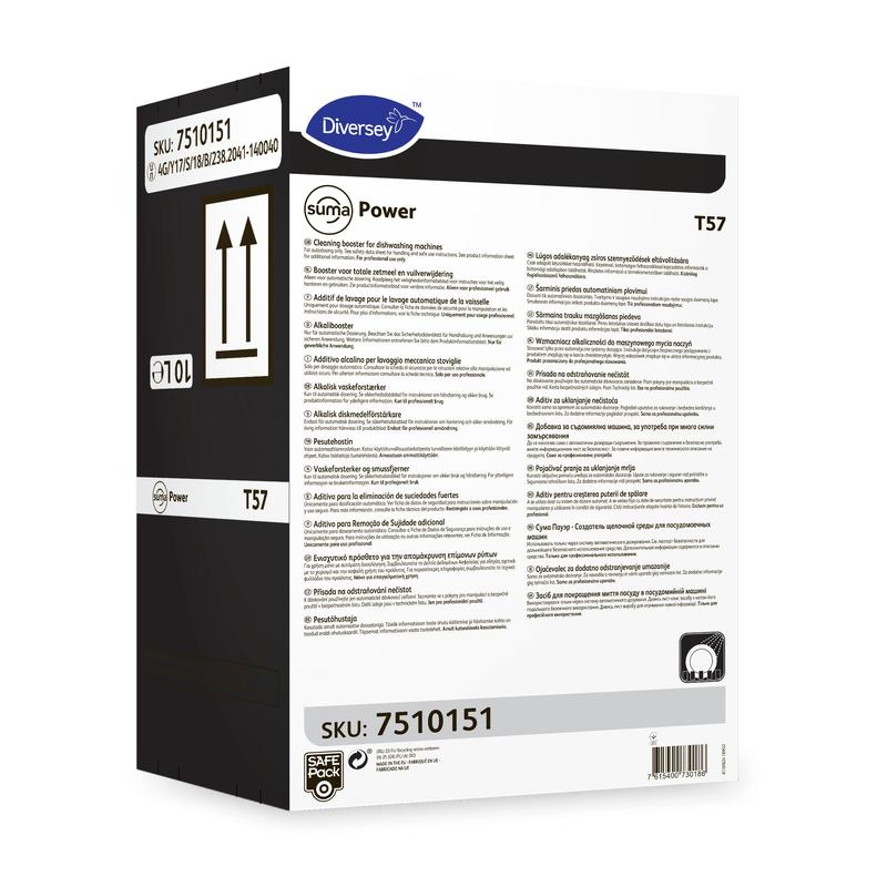 Ένα λευκό κουτί Suma Power T57 Alkalibooster για συστήματα πλύσης πιάτων μηχανικής χρήσης από την Diversey Deutschland GmbH & Co. OHG, με πολυγλωσσικές οδηγίες, μαύρη πλευρά και SKU 7510151 σε δύο ετικέτες.