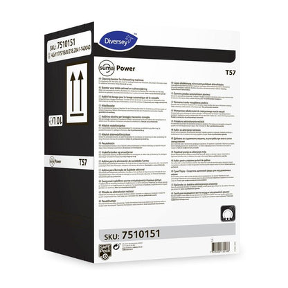 Ένα λευκό κουτί Suma Power T57 Alkalibooster για συστήματα πλύσης πιάτων μηχανικής χρήσης από την Diversey Deutschland GmbH & Co. OHG, με πολυγλωσσικές οδηγίες, μαύρη πλευρά και SKU 7510151 σε δύο ετικέτες.