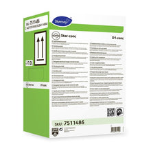 Ένα πράσινο-λευκό ορθογώνιο κουτί με την επιγραφή "Suma Star-conc D1 conc, εξαιρετικά συμπυκνωμένο απορρυπαντικό χειροποίητων πιάτων" (10 l) της Diversey Deutschland GmbH & Co. OHG με μαύρο κείμενο, σύμβολα και γραμμωτούς κώδικες για αποτελεσματικό καθαρισμό.