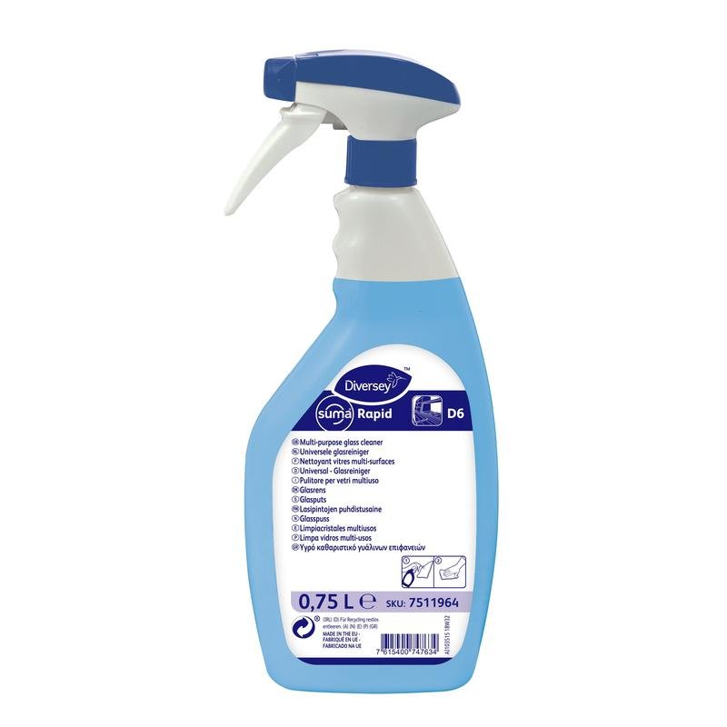 Ένα μπλε-λευκό μπουκάλι ψεκασμού 750ml "Diversey Suma Rapid D6, Καθολικός Καθαριστής Γυαλιού και Επιφανειών" από την Diversey Deutschland GmbH & Co. OHG, με ετικέτα που περιέχει πληροφορίες προϊόντος και οδηγίες για καθαρισμό χωρίς ραβδώσεις.