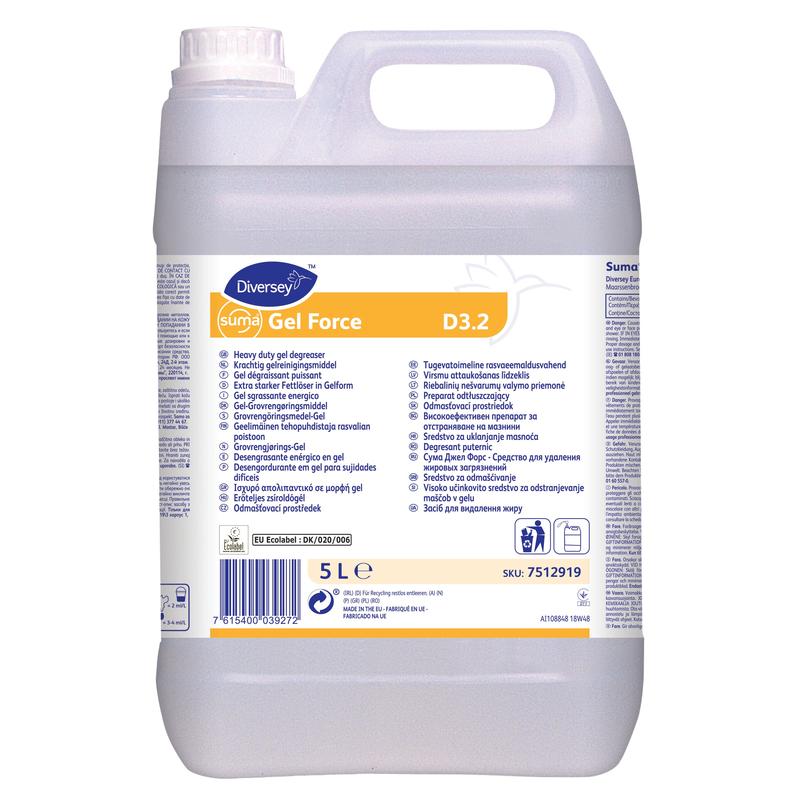 Ένα μπουκάλι 5 λίτρων Suma Gel Force D3.2, ένα πιστοποιημένο από το περιβάλλον, ισχυρό τζελ απολίπανσης με παρατεταμένο χρόνο δράσης από την Diversey Deutschland GmbH & Co. OHG, ιδανικό για μεγάλες κουζίνες.