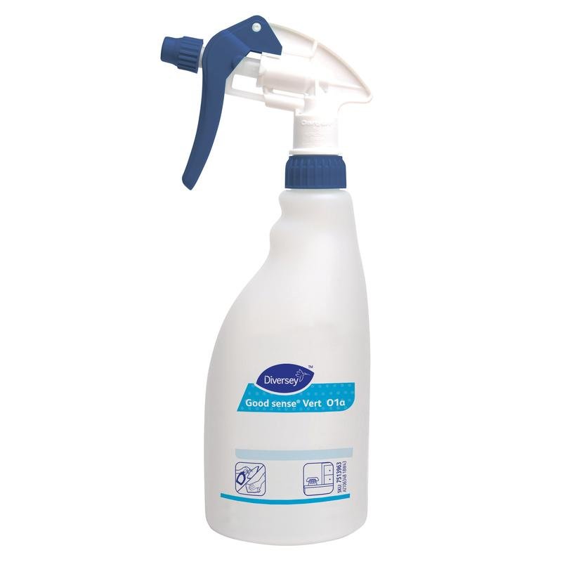 Ένα λευκό πλαστικό μπουκάλι ψεκασμού Trigger (0,5L) με μπλε ψεκαστήρα από την Diversey Deutschland GmbH & Co. OHG, με την επιγραφή "Good Sense Vert" και με εικονογραφημένες οδηγίες καθαρισμού στον πυθμένα. Πωλείται ως κουτί (5 μπουκάλια).