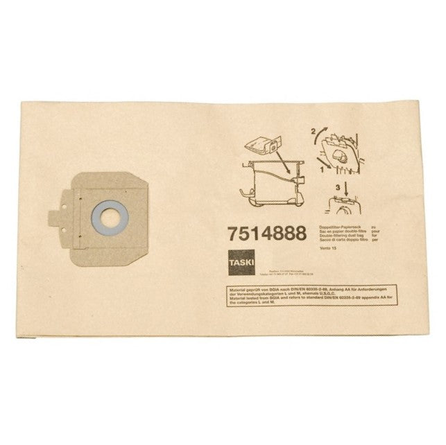 Der Doppelfilter-Papiersack 15 l von Diversey Deutschland GmbH & Co. OHG (10er-Pack), für TASKI Vento 15S, verfügt über eine doppelte Filterung und wird in einem rechteckigen Beutel mit bebilderter Montageanleitung, beschriftet mit "TASKI 7514888", geliefert.