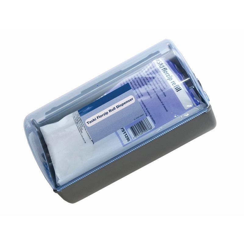 Ο διανομέας TASKI Florzip 65 της Diversey Deutschland GmbH & Co. OHG είναι ένας τοίχου τοποθετημένος πλαστικός διανομέας με διαφανές καπάκι και γκρι βάση, ο οποίος παρέχεται με 150 λευκά, εμποτισμένα με λάδι πανιά (65 x 25 εκ.) για καθαρισμό.