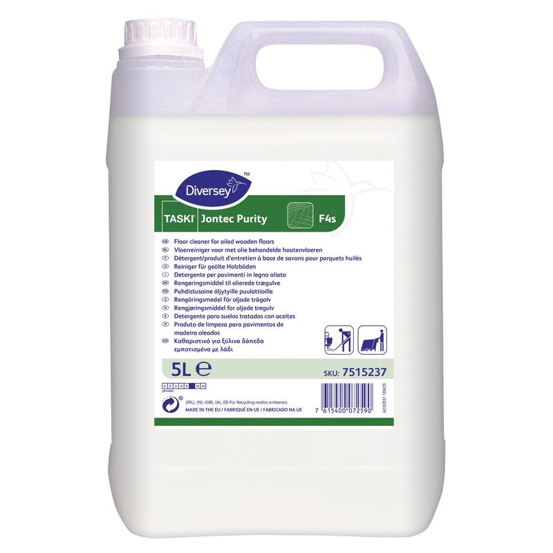 Ο καθαριστής σαπουνιού TASKI Jontec Purity 5 λίτρων για λαδωμένα ξύλινα δάπεδα από την Diversey Deutschland GmbH & Co. OHG παρέχεται σε ένα δοχείο με λευκή ετικέτα με οδηγίες και σύμβολα καθώς και με ασφαλές λευκό καπάκι βιδώματος.