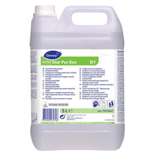 Ένα δοχείο 5L Diversey Suma Star Pur-Eco D1 υγρού πιάτων χειρός από την Diversey Deutschland GmbH & Co. OHG, με μια λαβή και μια λευκή ετικέτα με πληροφορίες προϊόντος, οδηγίες και πολυγλωσσικά λογότυπα· βιοδιασπώμενο και φιλικό προς το περιβάλλον.