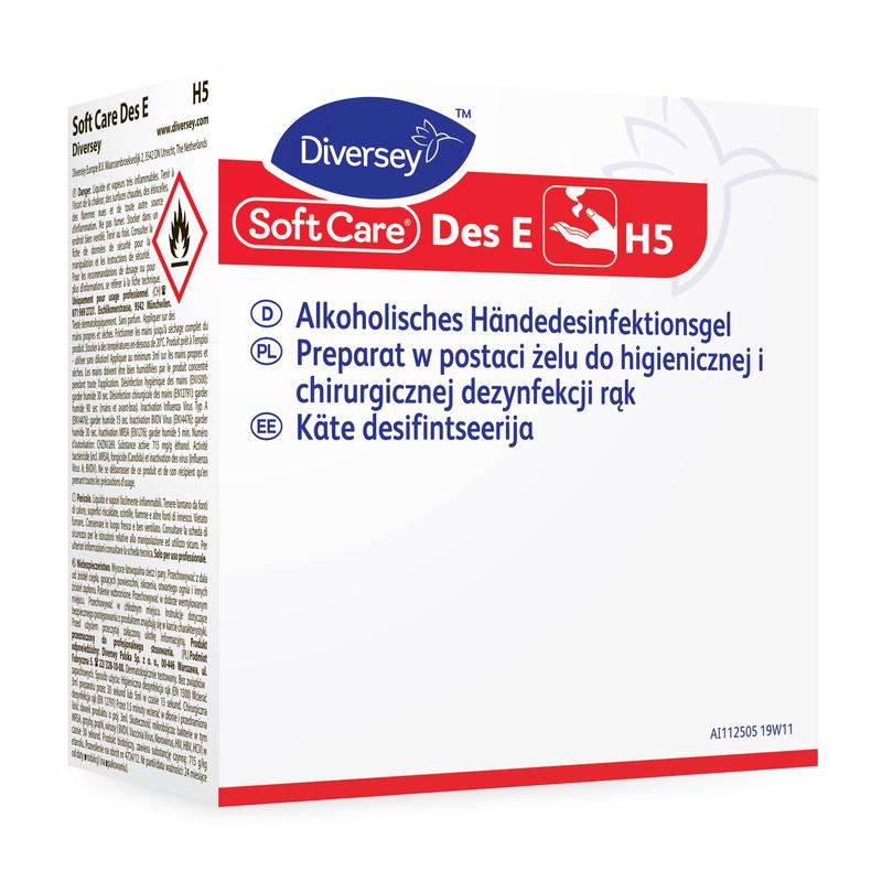 Κουτί από την Diversey Deutschland GmbH & Co. OHG Soft Care Des E H5 VAH-καταγεγραμμένο, ζελέ απολυμαντικό χεριών με οδηγίες χρήσης στα Γερμανικά, Πολωνικά και Εσθονικά, σύμβολα κινδύνου και οδηγίες εφαρμογής για αποτελεσματικό καθαρισμό.