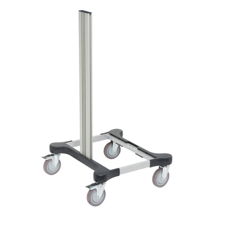 Το προϊόν "TASKI Chassis Micro, Grundgestell klein" της Diversey Deutschland GmbH & Co. OHG είναι ένα συμπαγές, κινητό βασικό πλαίσιο εξοπλισμού με τέσσερις περιστρεφόμενους τροχούς και κεντρικό στύλο σε λευκό φόντο.