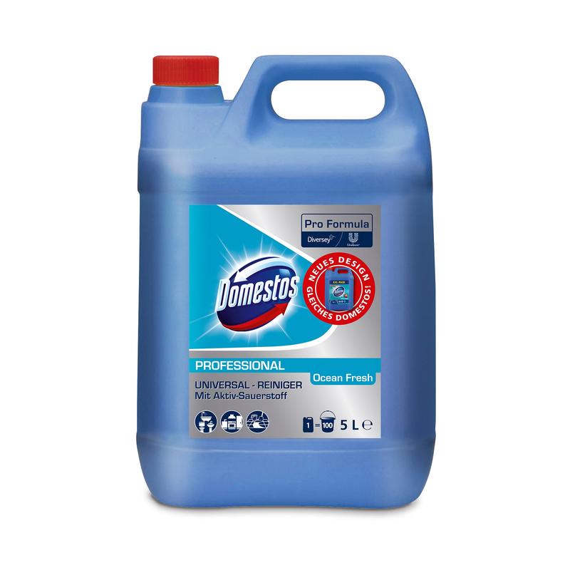 Ένα μπλε πλαστικό δοχείο 5L DOMESTOS Professional Ocean Fresh Universalreiniger με ενεργό οξυγόνο από Diversey Deutschland, με κόκκινο καπάκι και λαβή, είναι εξοπλισμένο με πολυγλωσσική ετικέτα με πληροφορίες καθαρισμού και branding.