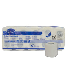 Συσκευασία 10 ρολών "Χαρτί Υγείας Classic" από την Diversey Deutschland, λευκός 2-στρώσεων πολτός, 16,8μ ανά ρολό, 160 φύλλα/ρολό (Ø98mm), με περιβαλλοντική πιστοποίηση· συσκευασία με πληροφορίες προϊόντος, οικολογική ετικέτα και μπλε-λευκό σχεδιασμό.