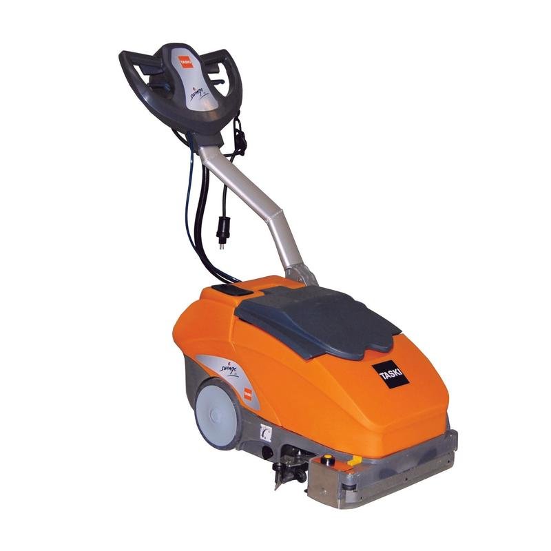 Το TASKI swingo 350 E της Diversey είναι μια μικρή, ηλεκτρική πλυντική-απορροφητική μηχανή για μικρές και γεμάτες αντικείμενα επιφάνειες, με μεγάλη λαβή, δύο τροχούς, ορατό καλώδιο τροφοδοσίας, καθώς και πίνακα ελέγχου με επιγραφές και μπροστινή βούρτσα.
