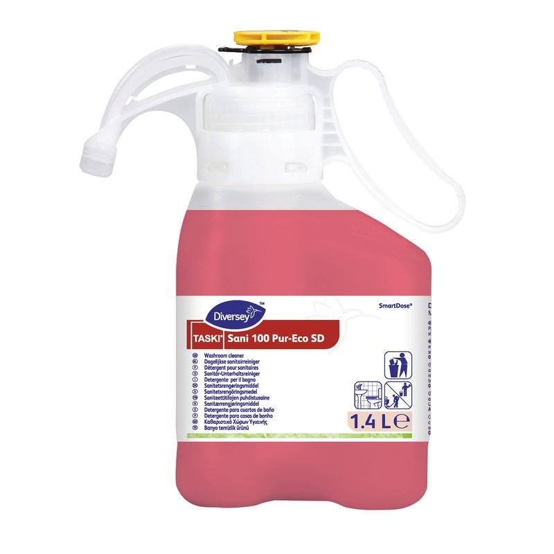 Ένα δοχείο 1,4 λίτρων TASKI Sani 100 Pur-Eco, ουδέτερο pH καθαριστικό υγιεινής από τη Diversey Deutschland GmbH & Co. OHG, ιδανικό για επιφάνειες μαρμάρου, με περιβαλλοντική πιστοποίηση ΕΕ· με λευκό καπάκι/λαβή, κίτρινο καπάκι, κόκκινο υγρό.