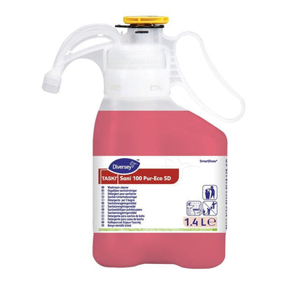 Ένα δοχείο 1,4 λίτρων TASKI Sani 100 Pur-Eco, ουδέτερο pH καθαριστικό υγιεινής από τη Diversey Deutschland GmbH & Co. OHG, ιδανικό για επιφάνειες μαρμάρου, με περιβαλλοντική πιστοποίηση ΕΕ· με λευκό καπάκι/λαβή, κίτρινο καπάκι, κόκκινο υγρό.