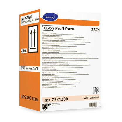 Μια ορθογώνια συσκευασία 10 λίτρων με το υγρό απορρυπαντικό Clax Profi Forte 36C1 της Diversey Deutschland GmbH & Co. OHG με πορτοκαλί και λευκή γραφή και πολυγλωσσικές οδηγίες προορίζεται για χρήση σε επαγγελματικά πλυντήρια.