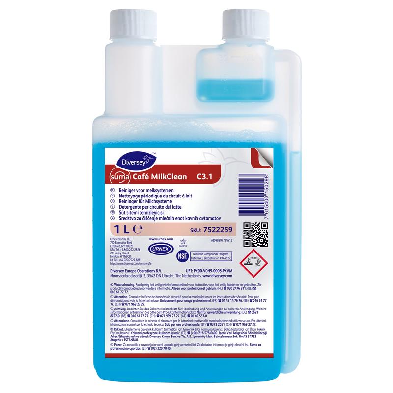 Ο καθαριστής συστήματος γάλακτος 1L Suma Café MilkClean C3.1 από την Diversey Deutschland GmbH & Co. OHG διαθέτει μπλε υγρό, διπλό λαιμό φιάλης, λευκό καπάκι και πολυγλωσσική ετικέτα με οδηγίες χρήσης και ασφάλειας για τον καθαρισμό μηχανών καφέ.