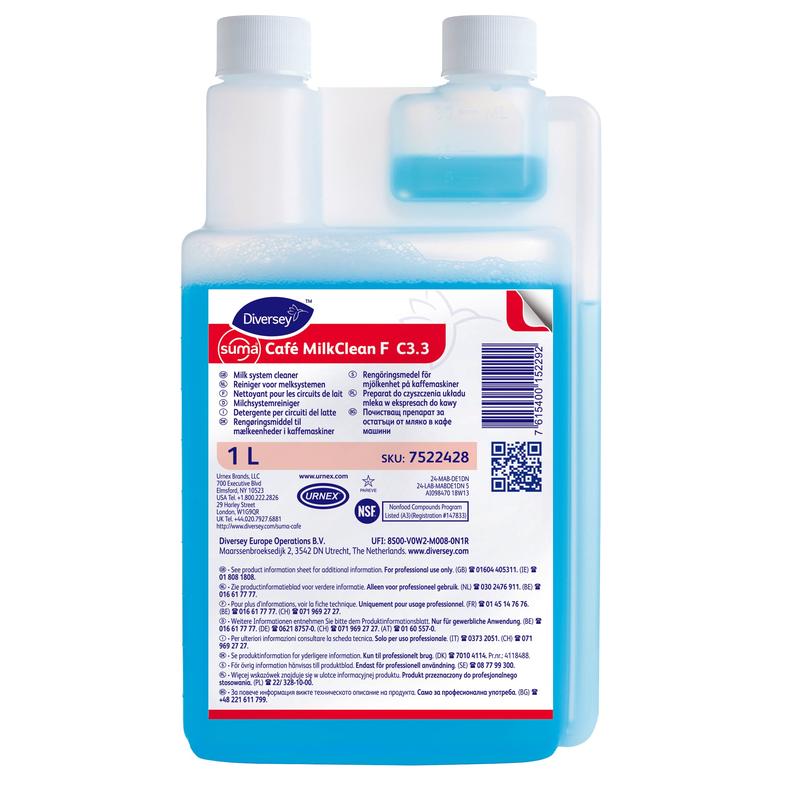 Ένα μπουκάλι 1 λίτρου Suma Café MilkClean F C3.3 καθαριστικό συστημάτων γάλακτος από την Diversey Deutschland GmbH & Co. OHG, έχει μπλε υγρό, λευκό καπάκι και μια ετικέτα κόκκινο-λευκό-μπλε με λεπτομέρειες, οδηγίες και προειδοποιήσεις ασφαλείας.