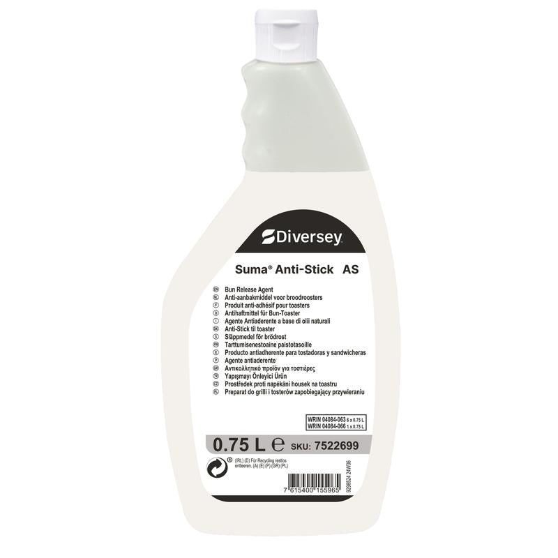 Ένα μπουκάλι 750 ml Suma Anti-Stick AS αντικολλητικό για τοστιέρες από την Diversey Deutschland GmbH & Co. OHG, με λευκή ετικέτα, εργονομική λαβή και πολυγλωσσικές οδηγίες - ιδανικό για τον επαγγελματικό καθαρισμό κουζινικών τοστιέρων.