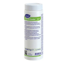 Ein weißer zylindrischer Behälter mit der Aufschrift "Suma Café Powder C2.1, Reinigungspulver für Kaffeemaschinen" (566 g) von Diversey Deutschland GmbH & Co. OHG mit deutlich sichtbaren mehrsprachigen Produktinformationen auf dem Etikett.