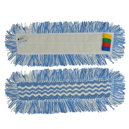 Δύο πανιά καθαρισμού TASKI Jonmaster Ultra HD Damp Mop από Diversey Deutschland: μπροστά μοτίβο ζιγκ-ζαγκ για επίμονοι ρύποι, πίσω τσέπη με χρωματιστές ετικέτες (κίτρινο, πράσινο, κόκκινο, μπλε) και μπλε καθώς και λευκά κρόσσια.