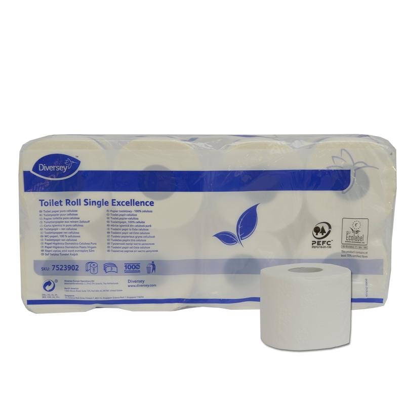 Μια συσκευασία με 8 ρολά Diversey Toilettenpapier Single Excellence (3-στρώσεων, καθαρή κυτταρίνη, υψηλής λευκότητας, 250 φύλλα/ρολό) από την Diversey Deutschland GmbH & Co. OHG, με ένα ρολό στο μπροστινό μέρος. Στη συσκευασία απεικονίζονται πληροφορίες προϊόντος και το λογότυπο της οικολογικής πιστοποίησης.