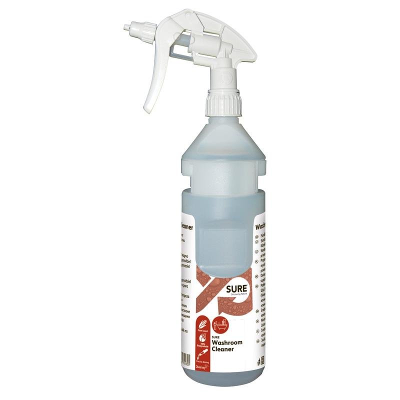 Ένα κιτ φιαλών 0,75L SURE Washroom Cleaner επαναγεμιζόμενο μπουκάλι συμπεριλαμβανομένης της ταινίας διανομής από την Diversey Deutschland, κατάλληλο για συστήματα Divermite και DQFM, με φυτικά συστατικά και λευκή-κόκκινη ετικέτα.